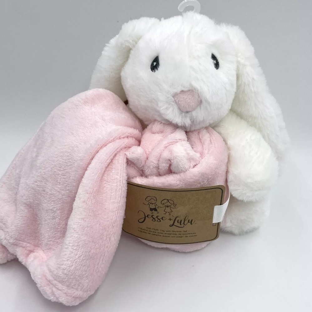 Jesse and Lulu Bunny Rabbit Plush White Holding Pink Blanket